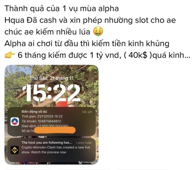 A Vietnamese social media post about 'Crypto-Monster-Clash' boasting earnings of '1 tỷ vnd, (40k$)' from alpha calls, accompanied by a screenshot of an account showing a balance of '11.000.000.000VND' on 21/11/2025.