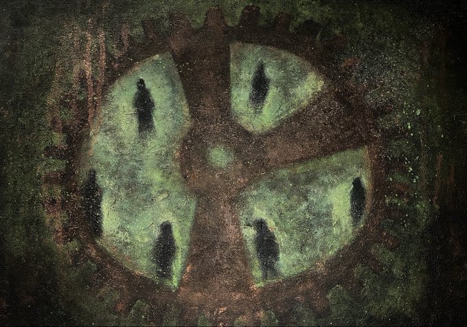 A dark, textured painting depicting shadowy figures standing within illuminated circular shapes against a moody green and brown background.