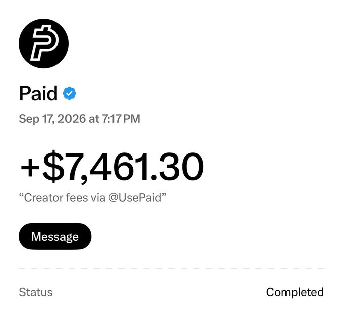 A screenshot from the Paid app shows a completed creator fee payment of $7,461.30 received on Sep 17, 2026, from the account @UsePaid, illustrating a successful example of the type of coin revenue distribution the user is hoping to replicate with their own X Money integration.