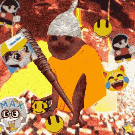A surreal, chaotic collage featuring a central figure in an orange shirt and white hat holding a staff, surrounded by various memes, emojis, and a cat character labeled "MAX." The image satirizes internet culture, directly reflecting the absurd, meme-driven tone of the accompanying post requesting money for a "cash cat nft."