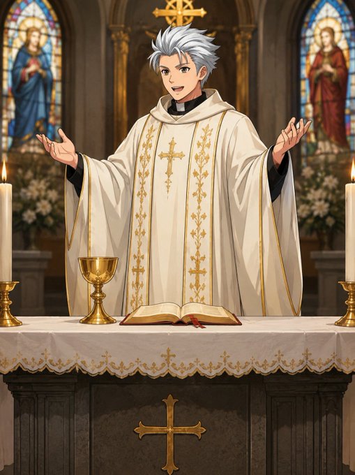 The image features a man dressed as a priest standing at a table with an open book and a cup of wine. The setting appears to be a church, with two stained glass windows visible behind him. The post includes a link to GMCT It' s Sunday, encouraging viewers to attend church services on this day for spiritual growth and community building.