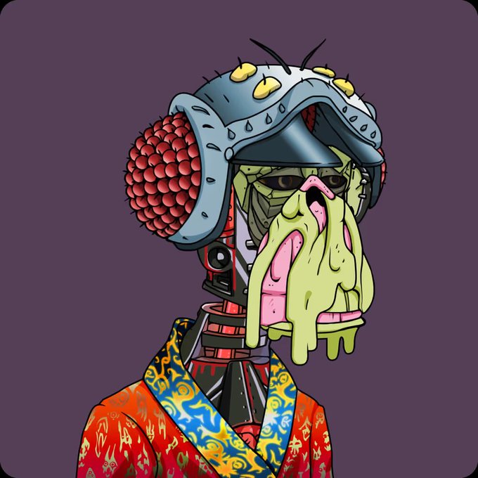 A colorful cartoon illustration depicts an alien-like creature with green dripping facial features, wearing a spiked helmet and an ornate red and blue robe against a purple background.