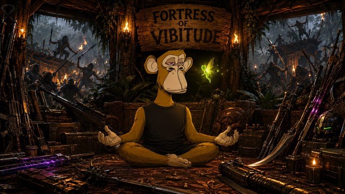 A digital artwork featuring a meditating monkey character in a black tank top, surrounded by weapons and warriors, with a wooden sign above reading 'FORTRESS OF VIBITUDE'.