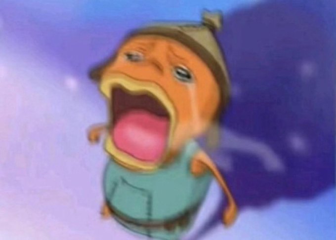 A crying animated orange fish character wearing a cap and overalls, photoshopped onto a cosmic background.