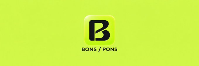 A simple graphic shows a yellow-green square app icon with a black 'B' logo and the text 'BONS / PONS' on a matching gradient background.