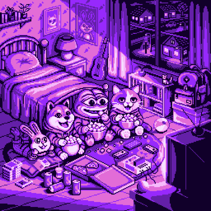 The image features a cartoon scene of three cartoon characters, including a dog, cat, and rabbit, sitting around a table with food items such as popcorn and candy. The room appears to be a bedroom or living space, with a bed, lamp, and books visible in the background. A TV is also present in the room. The post seems to be promoting a movie night event called "mint Day" that starts at 4:00 pm and ends at midnight.