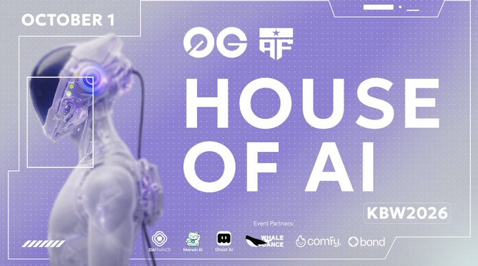 A purple promotional graphic for 'HOUSE OF AI' on October 1 (KBW2026), featuring a white robotic figure and sponsor logos including Whisper, ComfyUI, and Bond.
