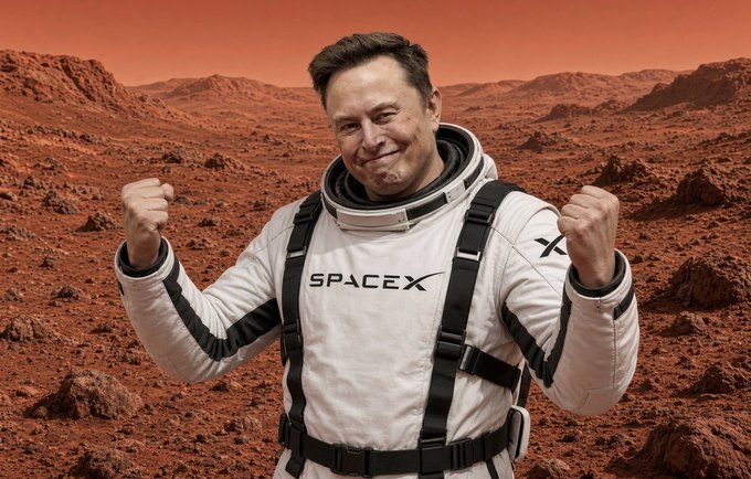 An AI-generated image shows a man resembling Elon Musk in a SpaceX spacesuit posing triumphantly with clenched fists on the surface of Mars.
