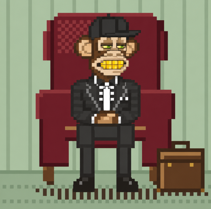 A pixel art illustration shows a monkey character wearing a black cap and suit sitting in an armchair next to a brown briefcase.