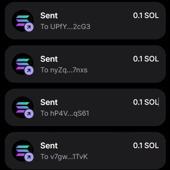 The image displays a list of four Solana (SOL) transactions, each showing "Sent" 0.1 SOL to different truncated wallet addresses (UPfY...2cG3, nyZq...7nxs, hP4V...qS61, and v7gw...1TvK). This visually supports the accompanying post's claim of distributing 0.1 SOL to multiple wallet addresses in an airdrop-style giveaway.