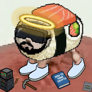 A pixel art illustration of a figure wearing a salmon fillet as a hat, a golden halo, sunglasses, and a beard, standing on legs wearing white shoes, with a computer tower, axe, and 'HOW TO MINE CRYPTO' book on the floor nearby.