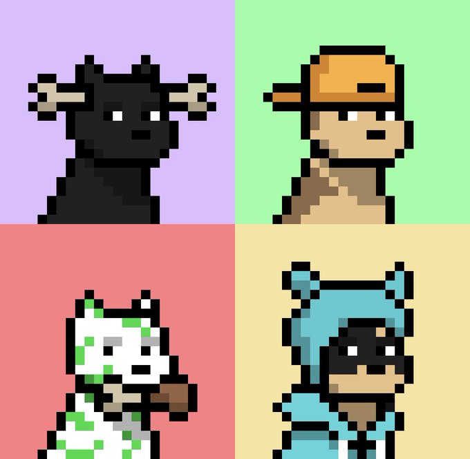 A 2x2 grid of pixel art characters on solid pastel backgrounds, depicting a black bull, a figure in an orange cap, a white creature, and a figure in a blue hood.