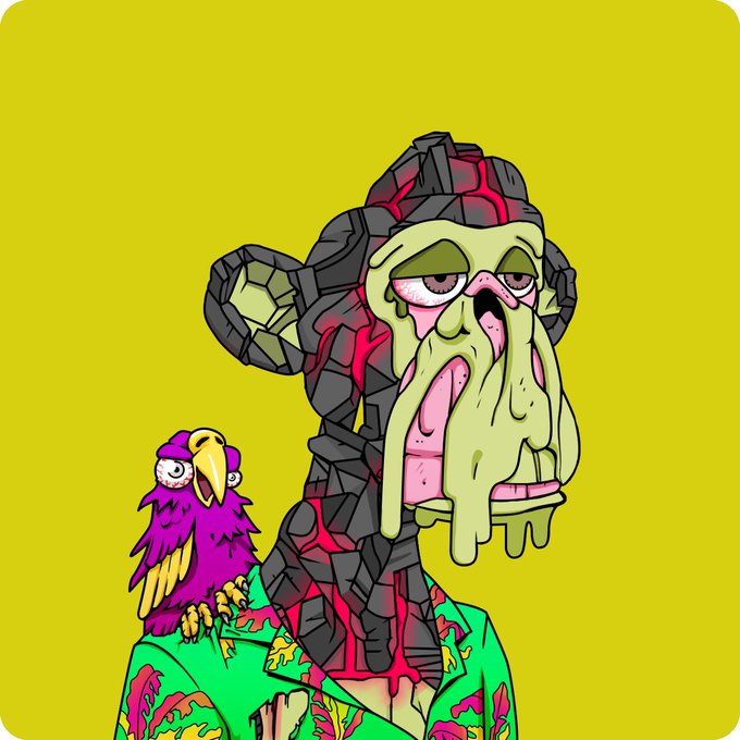 A vibrant, cartoon-style portrait of a green, melting, Cthulhu-like creature with horns wearing a colorful floral Hawaiian shirt, accompanied by a small purple and yellow parrot perched on its shoulder against a yellow background.