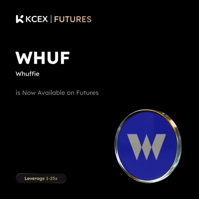 KCEX Futures announcement announcing that token WHUF (Whuffie) is now available for futures trading with leverage of 1-25x.