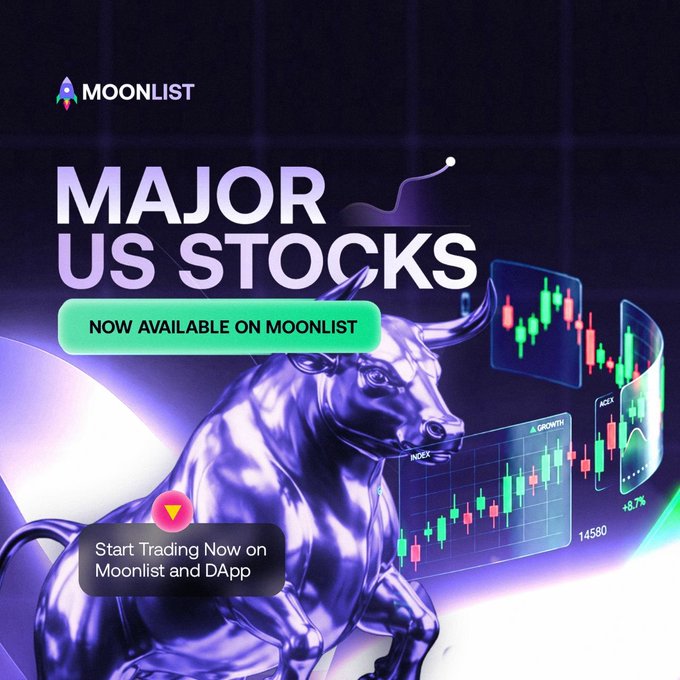 Promotional graphic for Moonlist advertising that 'MAJOR US STOCKS' are 'NOW AVAILABLE ON MOONLIST', featuring a purple bull statue alongside green and red stock candlestick charts and the call to action 'Start Trading Now on Moonlist and DApp'.