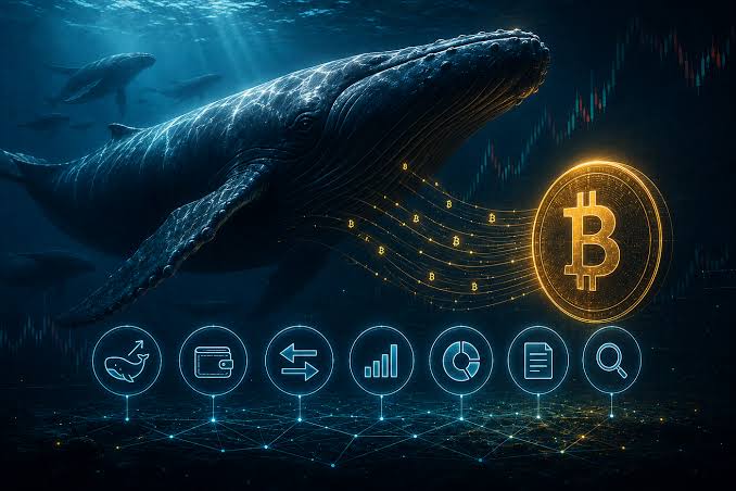 A digital artwork featuring a large blue whale underwater alongside a glowing golden Bitcoin coin, with cryptocurrency trading icons displayed at the bottom and a price chart in the background.