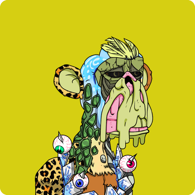 A grotesque, mutated monkey illustration with multiple eyes, leopard-print patterns, and a dripping, elongated snout set against a bright yellow background.