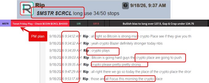 A screenshot of a trading chat room shows a message from user "Rip" at 9:37 AM announcing a "$MSTR $CRCL long" as "House 34/50 stops," alongside a "PM plan" entry noting a "Tenet Friday Play - Check $COIN $CRCL $HOOD" with bullish bias on the long over 137.5 and a gap and crap under 134.75. The chat history highlights Rip's repeated emphasis on crypto, including "crypto plays," "crypto please pretty pretty strong," and "all Focus this morning the crypto place," which aligns with the post's focus on $CRCL, $COIN, $BTC, $MSTR, and $HOOD, as well as the "Clarity Act Day3" theme and "No. 1 Focus today" on crypto with a "LiveOnVoice" broadcast.
