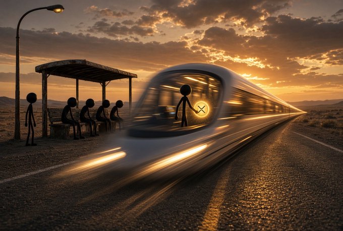 A surreal digital artwork shows black silhouette stick figures waiting at a desert bus stop as a futuristic, sleek train speeds past under a dramatic sunset sky.
