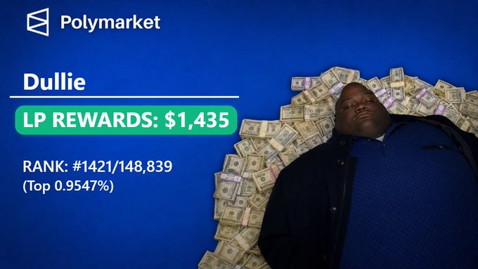 The image features a man laying down surrounded by stacks of money, with text indicating that he has earned $1,433 in rewards from Polymarket. The man appears to be in a relaxed position, possibly asleep or resting, while surrounded by his earnings. This suggests a sense of accomplishment and financial gain related to the LP rewards system within Polymarket.