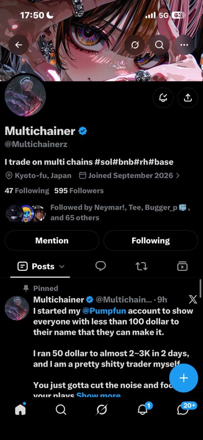 A Twitter profile page for Multichainerz (@Multichainerz) featuring an anime-style banner, located in Kyoto-fu, Japan, with a pinned post about starting a @Pumpfun account.