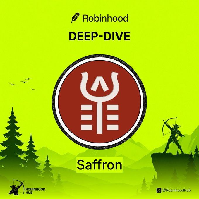 A graphic with a bright green background titled 'Robinhood DEEP-DIVE' featuring a circular logo with a symbol, the word 'Saffron', silhouettes of trees and an archer on a cliff, and the handle '@RobinhoodHub'.
