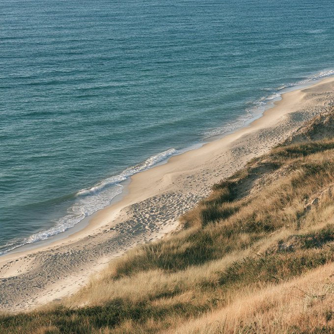 An aerial view of a sandy beach with gentle waves rolling onto the shore, bordered by grassy dunes.