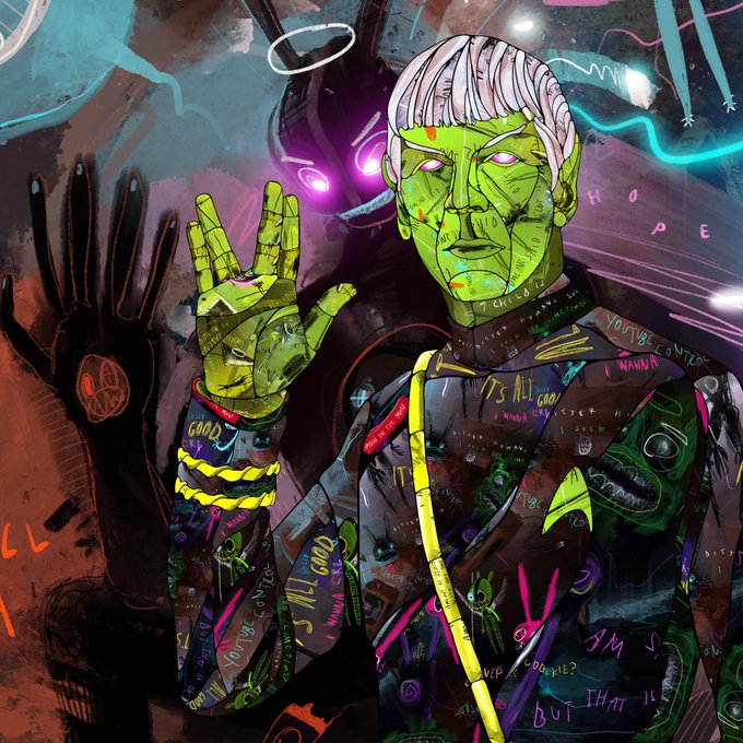 A vibrant, graffiti-style digital painting of a green-skinned figure with white hair and pink eyes, holding up a hand with neon accents and chaotic text in the background.