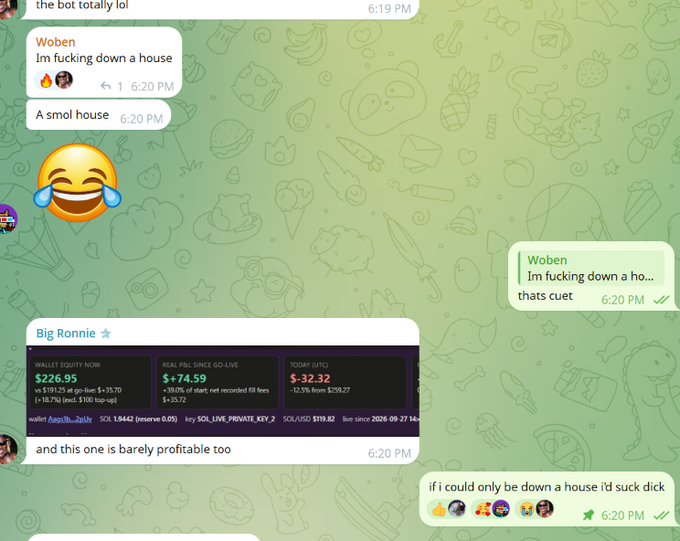 A group chat screenshot showing messages about gambling losses, including 'Im fucking down a house' from Woben and a trading screenshot from Big Ronnie showing -$195.69 SOL PNL.