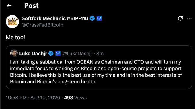 A screenshot shows a post by "Softfork Mechanic #BIP-110" (@GrassFedBitcoin) quote-tweeting Luke Dashjr (@LukeDashjr), who announced he's taking a sabbatical from OCEAN as Chairman and CTO to focus on Bitcoin and open-source projects, with the post simply captioned "Me too!"—signaling alignment with the accompanying context about the post author's own departure from OCEAN after months of disagreements.