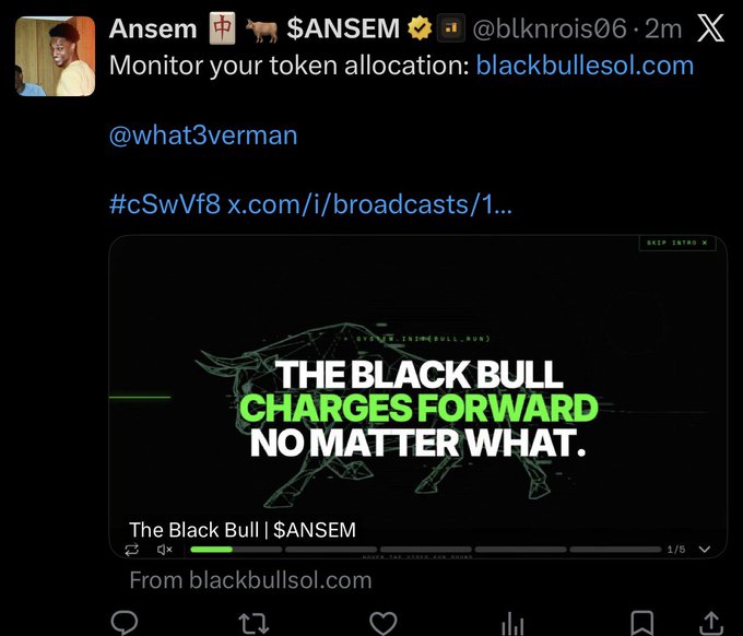 The image is an X post from "Ansem" (@blknrois06), displaying a promotional video titled "THE BLACK BULL CHARGES FORWARD NO MATTER WHAT" for "The Black Bull | $ANSEM" with a link to blackbullsol.com. The accompanying post warns that this is a scam account impersonating the real Ansem, noting that while the fake account has a gold check and square profile, users should be cautious of fomo-driven crypto promotions.