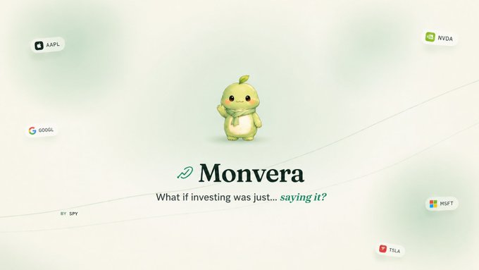 A promotional website for 'Monvera' featuring a cute 3D green creature and the tagline 'What if investing was just... saying it?', with stock tickers AAPL, NVDA, GOOGL, MSFT, and TSLA floating in the background.