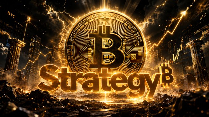 A dramatic digital artwork featuring a glowing golden Bitcoin coin above the text 'StrategyB', set against a stormy sky with lightning, a rising price line, and values like '$100,000' and 'BTC' visible.