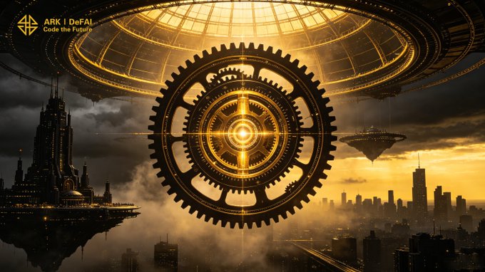 A massive golden mechanical gear dominates a futuristic cityscape, symbolizing the interconnected mechanisms of the ARK | DeFAI ("Code the Future") ecosystem as described. The tagline "Code the Future" in the top-left corner reinforces the project's forward-looking vision, while the turning gears visually echo the post's message about Arkie AI App adding new capabilities to drive the ecosystem forward.