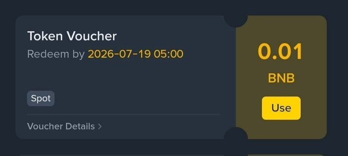 A digital Token Voucher interface displays a redeemable amount of 0.01 BNB with an expiration date of 2026-07-19 05:00, featuring a yellow 'Use' button.