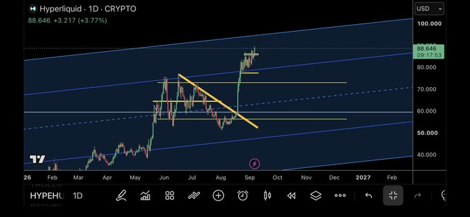 A Hyperliquid (HYPEHL) 1-day crypto chart shows the price at $88.646 (+3.77%), illustrating key horizontal support/resistance levels within a rising channel and a descending trendline, visually reinforcing the post's point that "there's levels to this $HYPE."