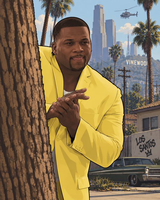The image depicts a stylized illustration of a man in a yellow suit peering around a palm tree, with a Los Santos cityscape featuring the "VINEWOOD" sign, a helicopter, and "LOS SANTOS" graffiti in the background—reminiscent of the Grand Theft Auto aesthetic and tying into the GTA 6 launch countdown mentioned in the post.