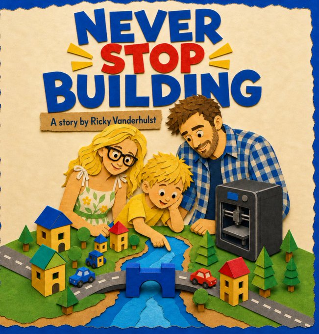 The image shows a children's book cover titled "NEVER STOP BUILDING — A story by Ricky Vanderhulst," with a claymation-style illustration of a family (mother, child, and father) working on a miniature town with a 3D printer. The colorful, handmade aesthetic and title reflect the author's perfectionist ethos shared in the post—embodying a lifelong commitment to building, improving, and refining his work, now at version 161.