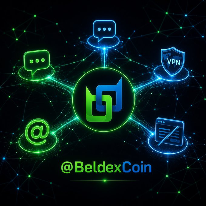 A digital graphic promoting '@BeldexCoin' featuring neon-style icons for messaging, VPN, email, and a browser arranged around a central logo against a network background.