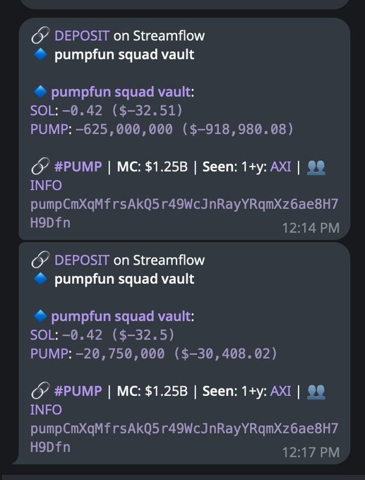 A screenshot of Discord messages showing deposits to a 'pumpfun squad vault' on Streamflow, including details for #PUMP with MC: $1.25B and showing large negative SOL and PUMP balances.