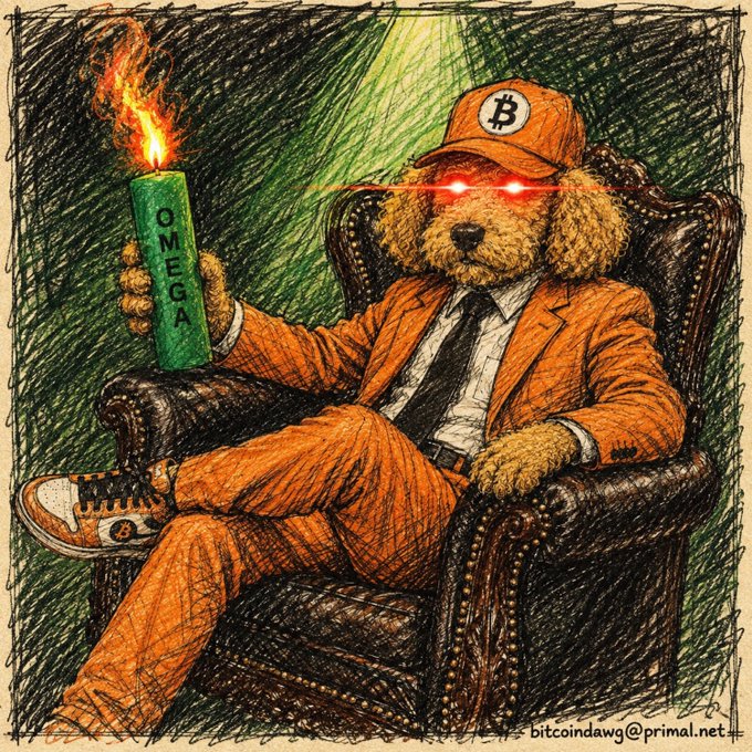 An illustration depicts an anthropomorphic dog character in an orange suit and Bitcoin-logo cap sitting in a leather chair with red laser eyes, holding a flaming green candle labeled "OMEGA", with "bitcoindawg@primal.net" watermarked.
