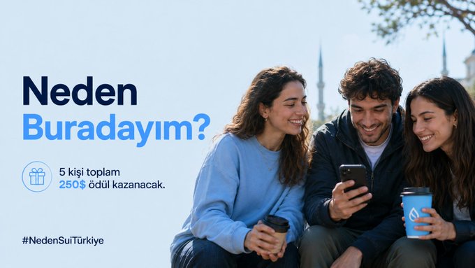 Three smiling young people gather around a smartphone outdoors, with the Turkish text "Neden Buradayım?" (Why Am I Here?) and "5 kişi toplam 250$ ödül kazanacak" (5 people will win a total of $250) promoting the #NedenSuiTürkiye hashtag contest, perfectly illustrating the campaign's theme of personal reasons for joining the Sui community in Turkey.