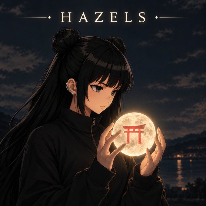 A young anime girl dressed in black holds a glowing full moon displaying a red Japanese torii gate symbol, with "HAZELS" displayed at the top, complementing the post's $Hazels token greeting and motivational message to "keep building" in the new week.