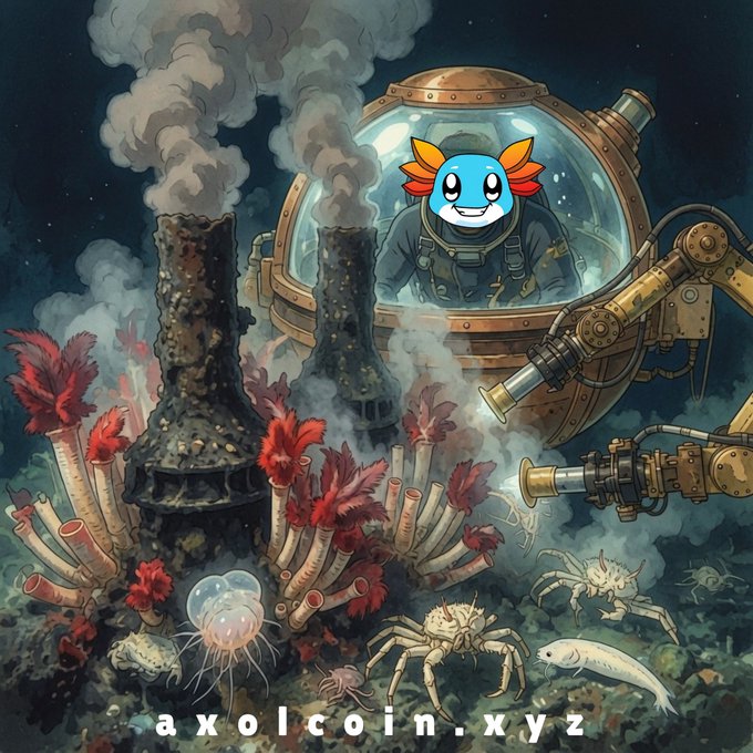 A digital illustration of an axolotl character in a diver's suit inside a vintage submarine surrounded by hydrothermal vents and crabs, labeled 'axolcoin.xyz'.