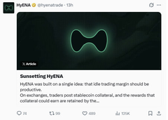 A social media post from "HyENA" (@hyenaTrade) titled "Sunsetting HyENA" with an article preview explaining that HyENA was a single idea that side trading margin should be production, set against a dark background with a green glowing infinity-like symbol. The image does not depict a "quantum-resistant" Bitcoin transaction, but instead shows a crypto trader's post about their product or service HyENA.