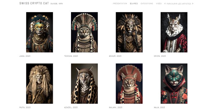 A website for "SWISS CRYPTO CAT SUISSE 1978" displays a gallery of AI-generated artwork featuring cats and leopards dressed in various elaborate tribal, historical, and ceremonial costumes and masks.