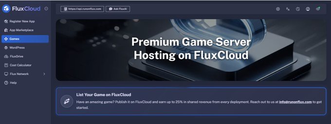 A screenshot of the FluxCloud website showing a dashboard with navigation menu items including 'Games' and 'Premium Game Server Hosting on FluxCloud.'