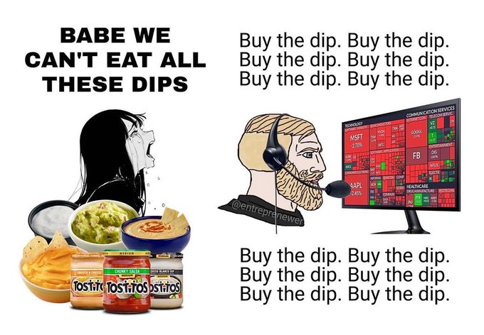 A two-panel meme featuring the 'Buy the dip' Wojak style: the left panel shows 'BABE WE CAN'T EAT ALL THESE DIPS' with chips, dips, and Tostitos jars, while the right panel depicts a trader with a headset at a red screen of losing stock tickers (MSFT, GOOG, FB, AAPL).