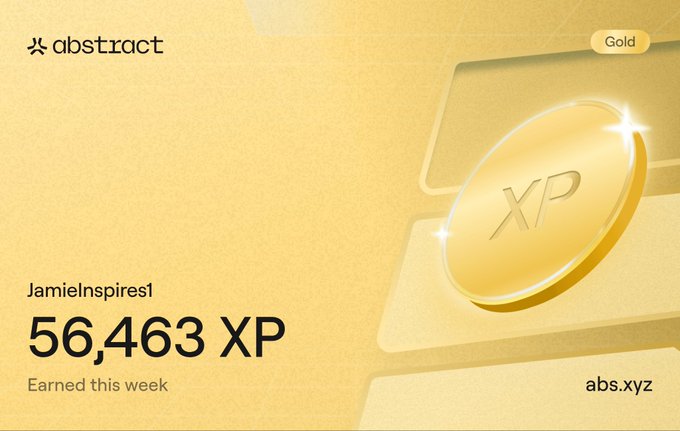 Abstract platform 'Gold' tier achievement card for user 'JamieInspires1' displaying '56,463 XP Earned this week' with a large gold XP coin graphic on a yellow background.