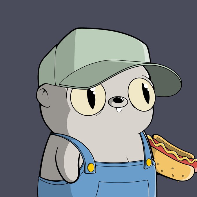 A cartoon illustration of a gray character wearing a green cap and blue overalls, holding a hot dog.